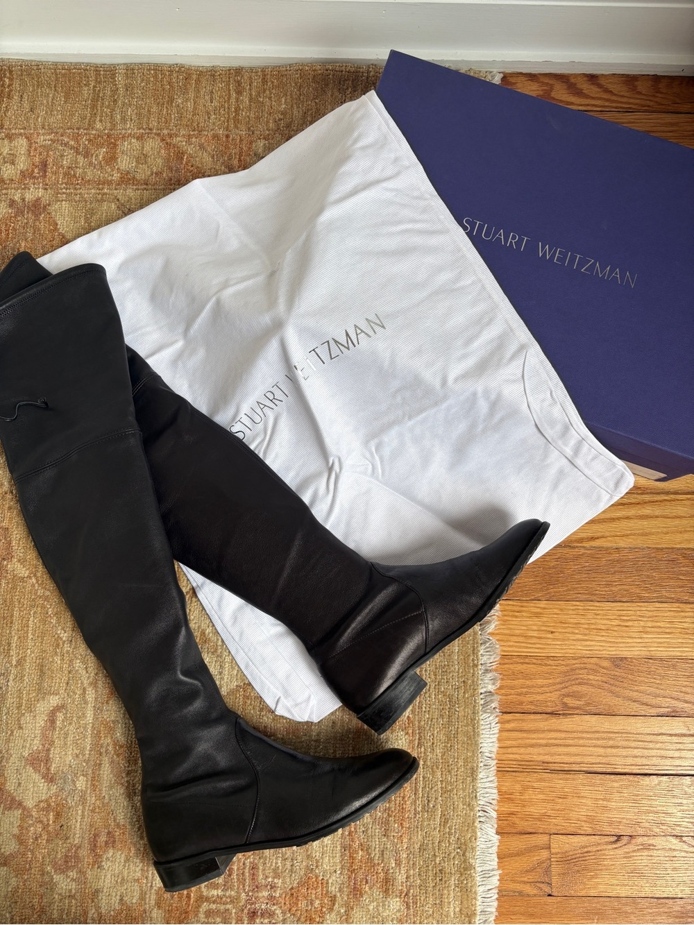 Stuart Weitzman "Lowland" Over-the-Knee Boots — Nero Plonge Stretch Leather 7.5